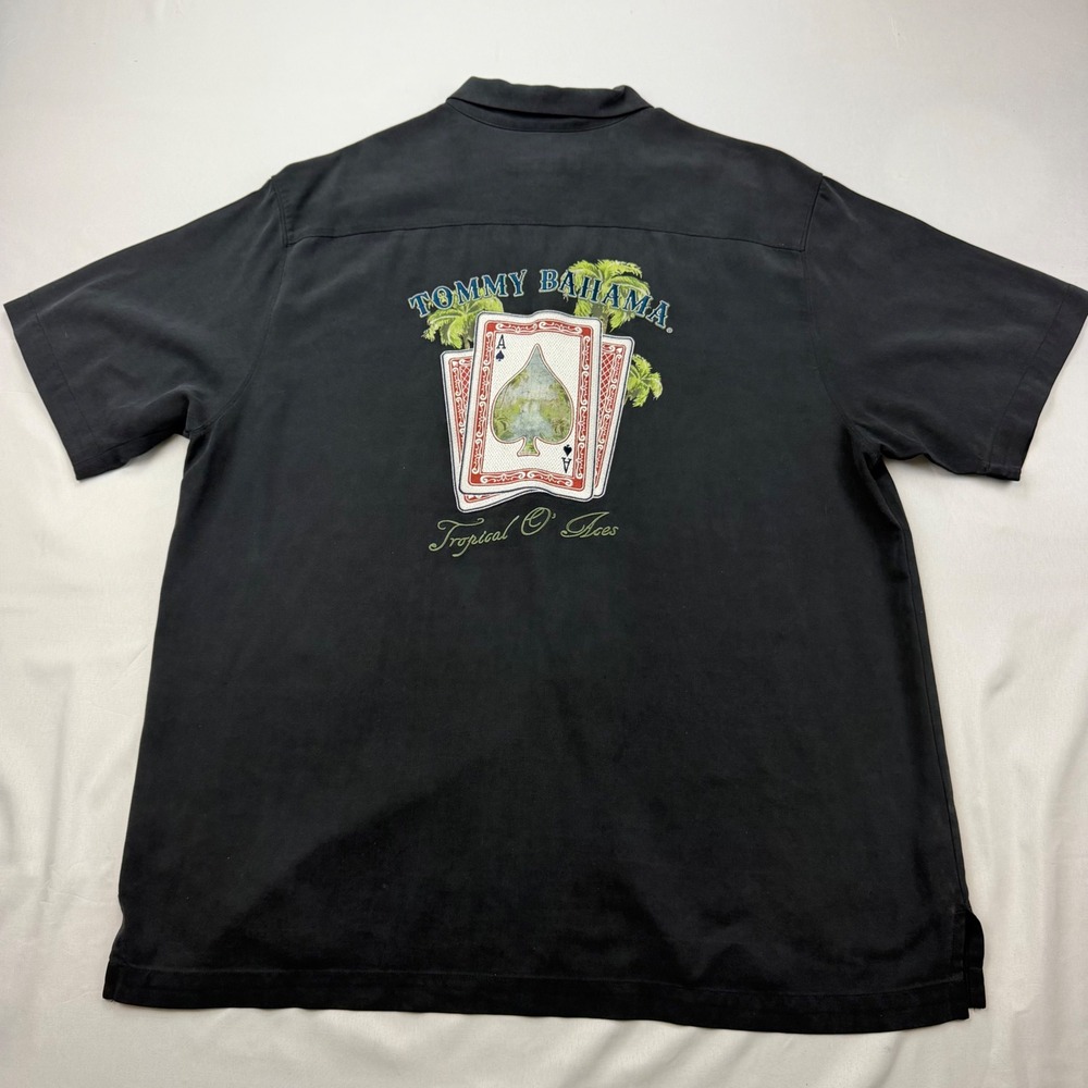 Tommy Bahama Camp‎ Shirt Mens Large Black Silk Tropical O Aces Playing Cards L